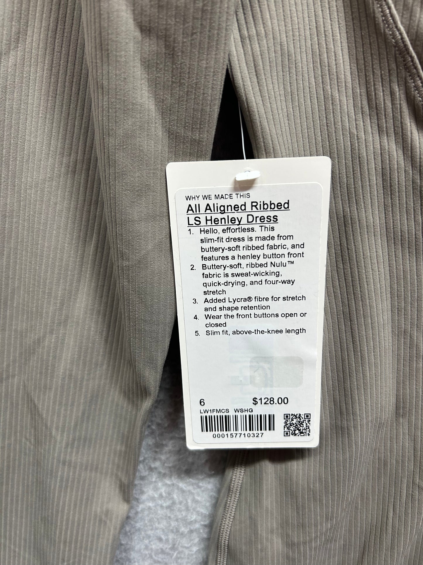 Lululemon All Aligned Ribbed Long-Sleeve Henley Dress Size 6 Warm Ash Grey