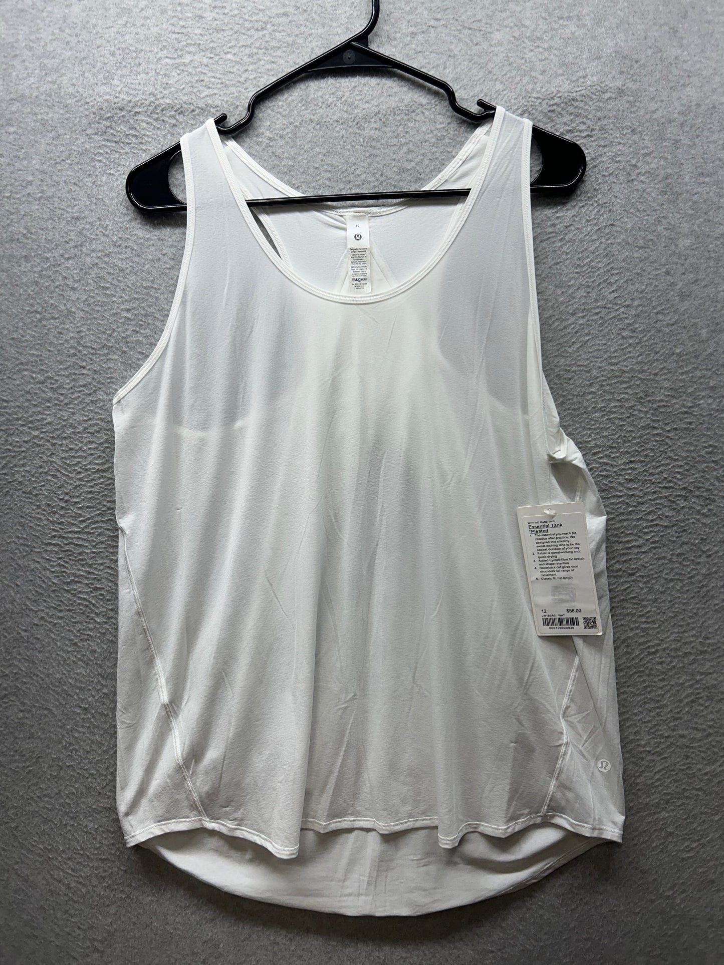 Lululemon Essential Tank Pleated Jersey Size 12 White