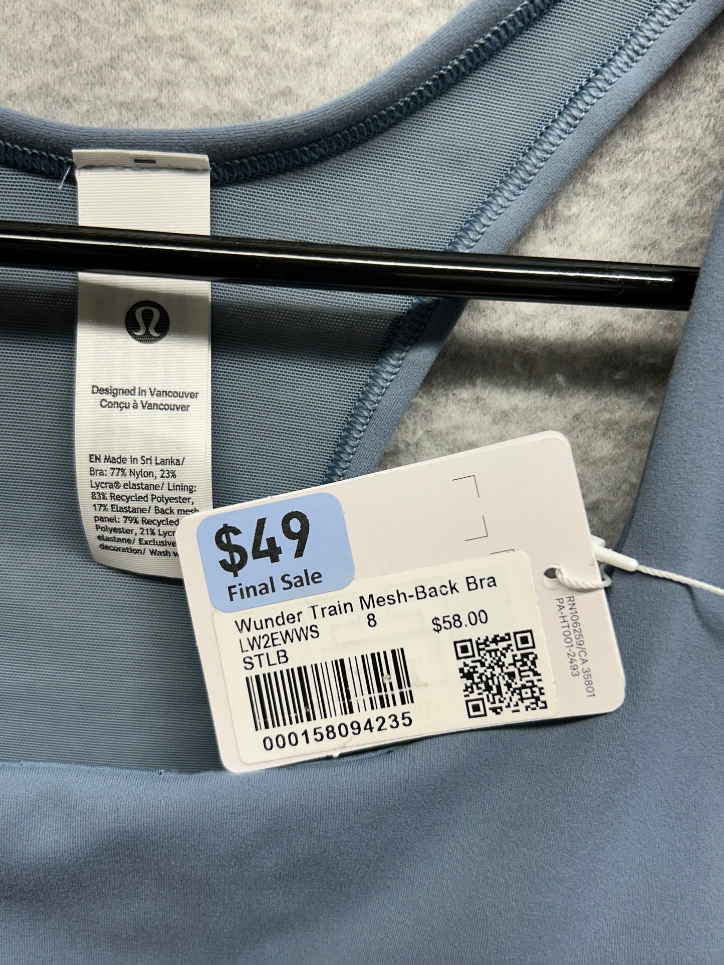 Lululemon Wunder Train Mesh-Back Bra Size 8 Steel Blue