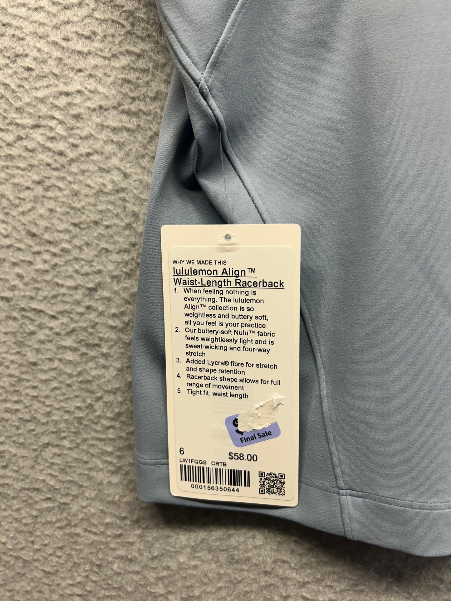 Lululemon Align Waist-Length Racerback Tank Top Size 6 Concrete Blue