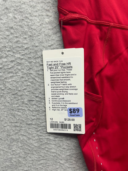 Lululemon Fast & Free 7/8 Tight II Nulux 25" Size 12 Dark Red