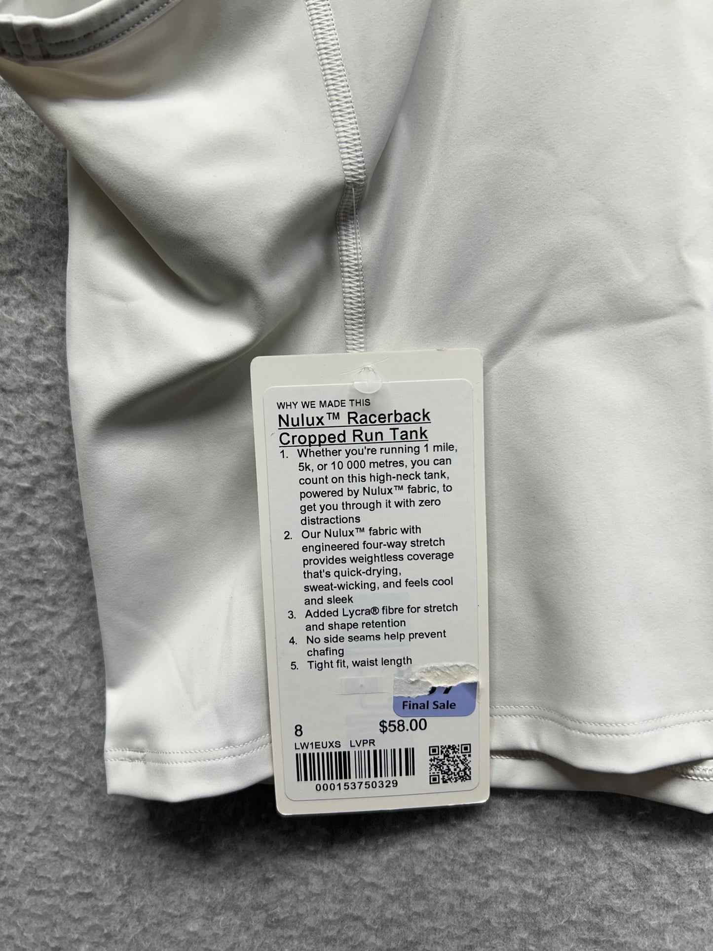 Lululemon Nulux Racerback Cropped Run Tank Top Size 8 Light Vapor