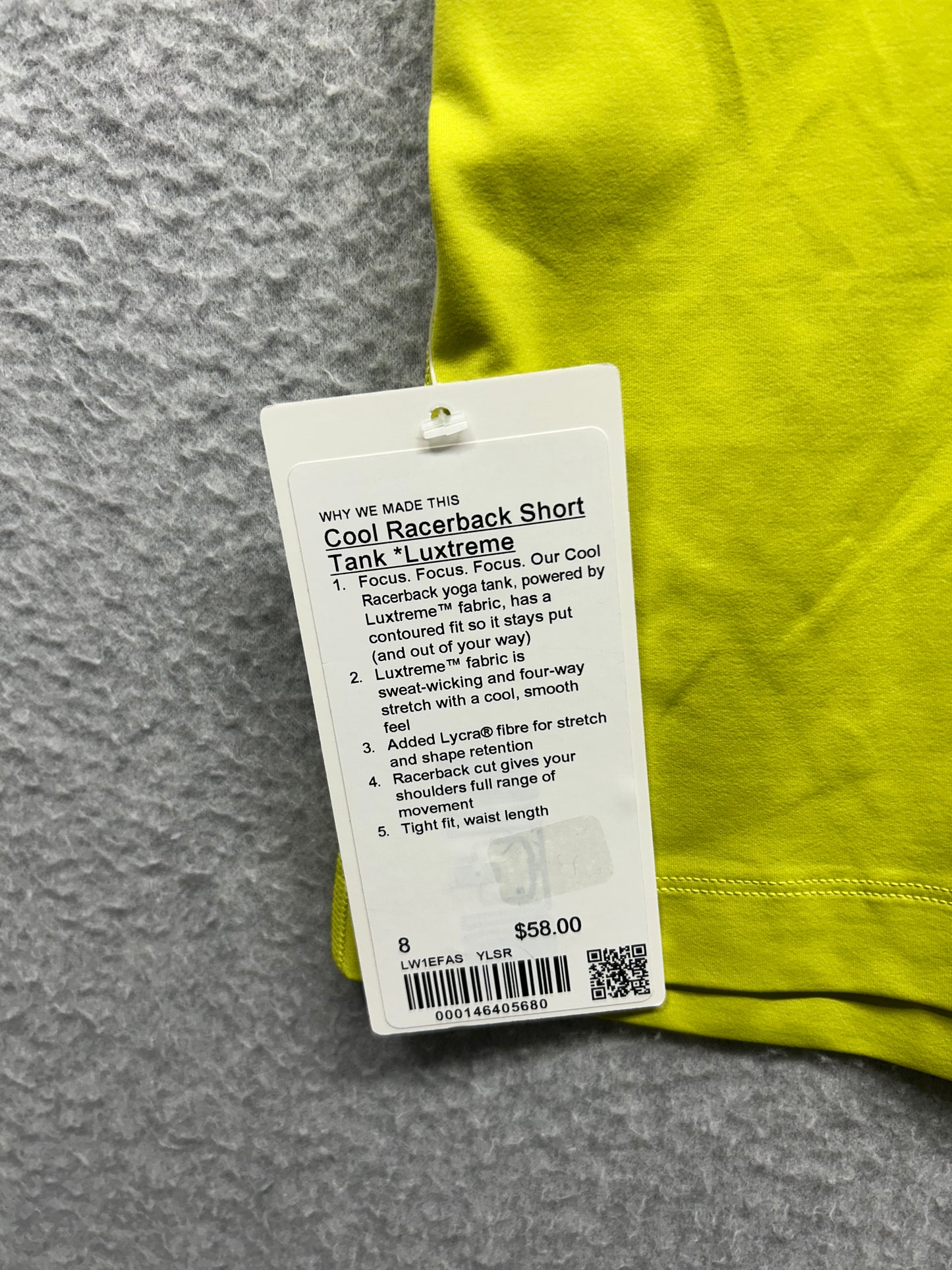 Lululemon Cool Racerback Short Tank Top Luxtreme Size 8 Yellow Serpentine