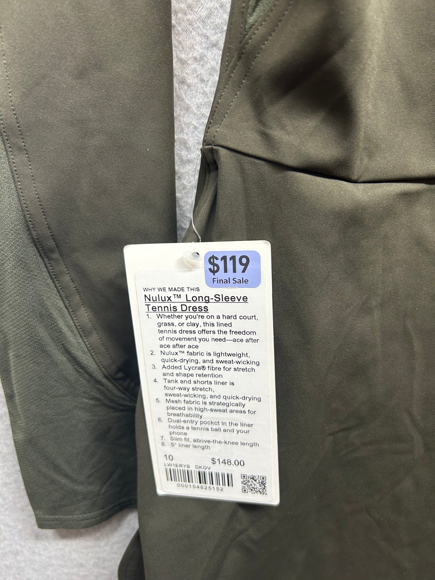 Lululemon Nulux Long-Sleeve Tennis Dress Size 10 Dark Olive