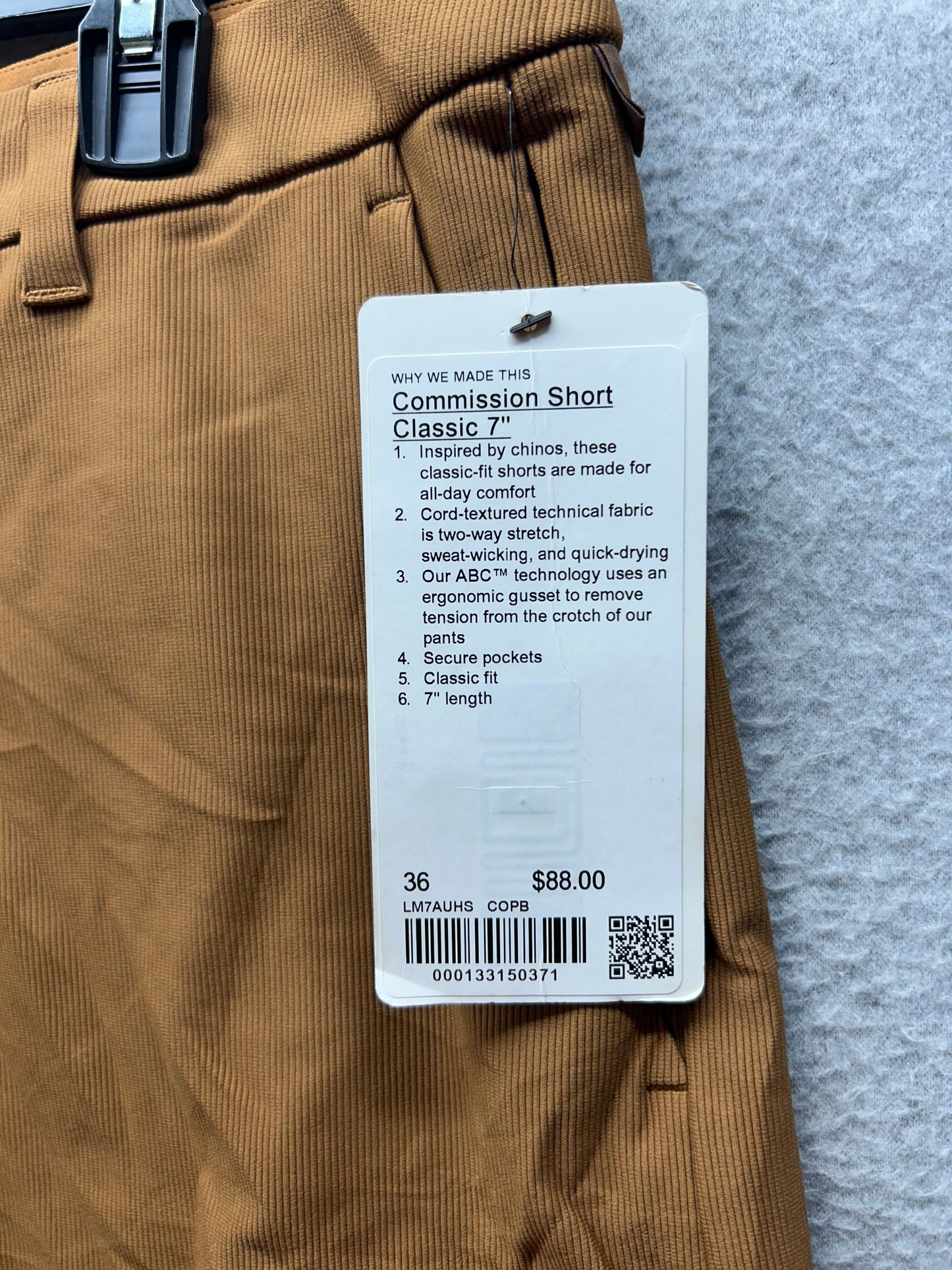 Lululemon Commission Classic Fit Short 7" Corduroy Size 36 Copper Brown
