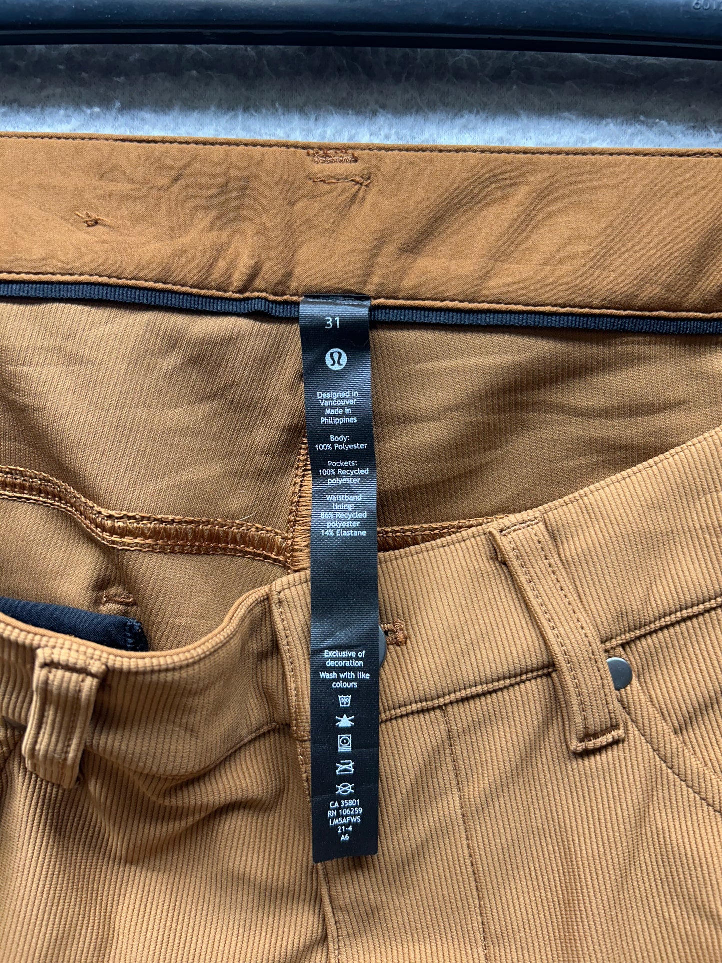 Lululemon ABC Slim-Fit Pant Mens Size 31x31 Corduroy Copper Brown