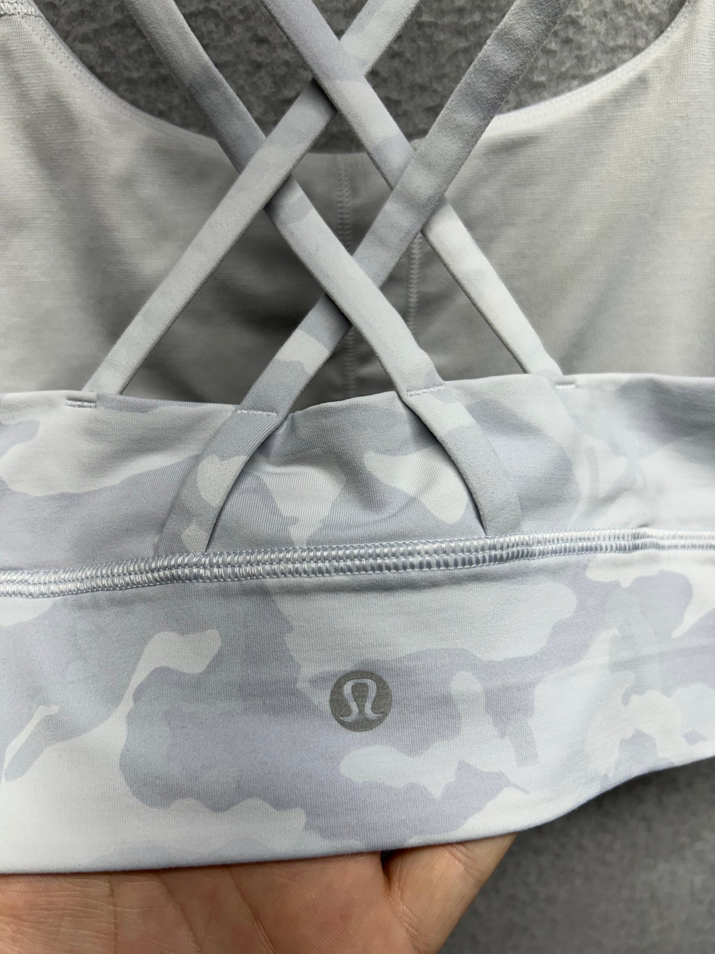 Lululemon Energy Bra Long Line Size 10 Incognito Camo Alpine White Multi