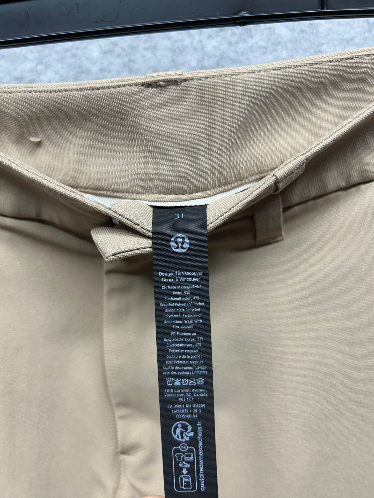 Lululemon ABC Classic Fit Warpstreme Mens Size 31x31 Trench (Square Dot)