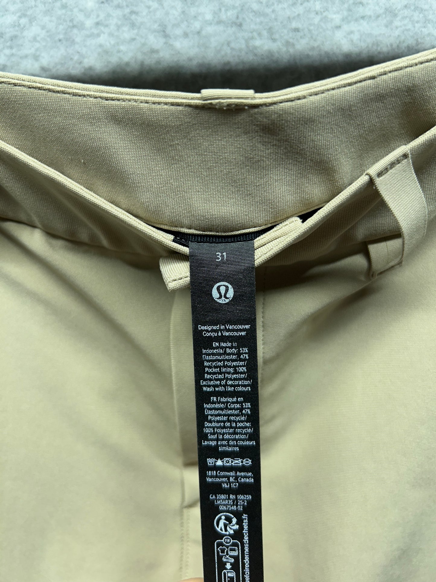 Lululemon ABC Classic Fit Warpstreme Mens Size 31x31.5 Trench (Square Dot)