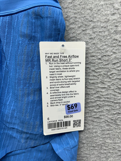 Lululemon Fast and Free Airflow Mid-Rise Running Short 3” Size 6 Pool Party