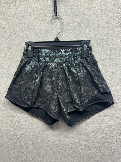 Lululemon Hotty Hot Low-Rise Lined Short 4" Size 2 Logo Flourish Black Iridescent Foil