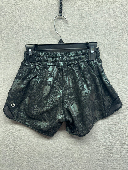 Lululemon Hotty Hot Low-Rise Lined Short 4" Size 2 Logo Flourish Black Iridescent Foil