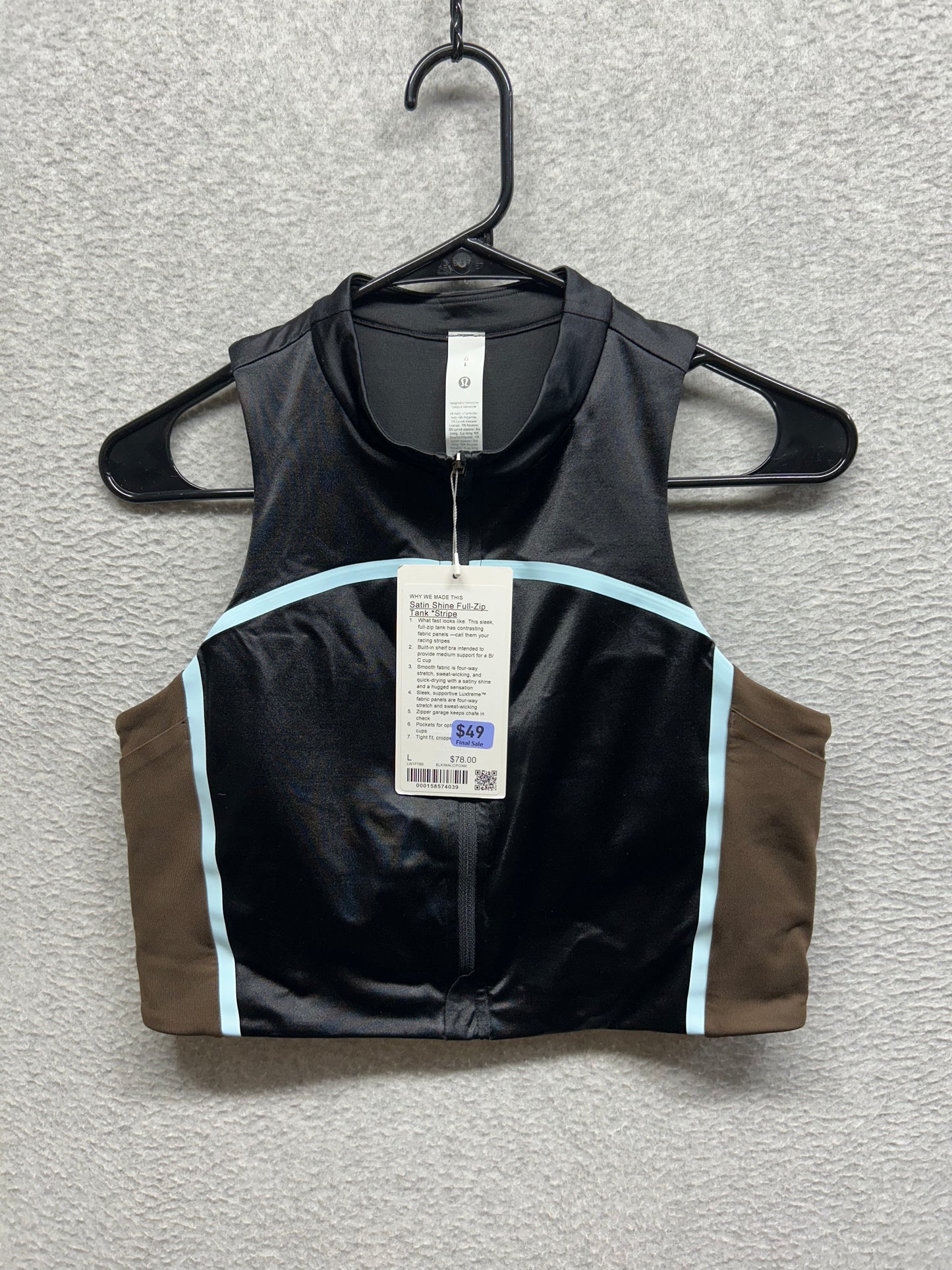 Lululemon Satin Shine Full-Zip Tank Top Size Large Black | Walnut Crunch | Foam Cloud