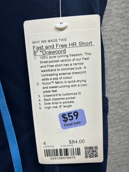 Lululemon Fast and Free High-Rise Short 8" Drawcord Size 4 Club Blue
