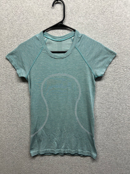 Lululemon Swiftly Tech Short-Sleeve Shirt 2.0 Hip Length Size 6 Spandex Stripe Sea Water