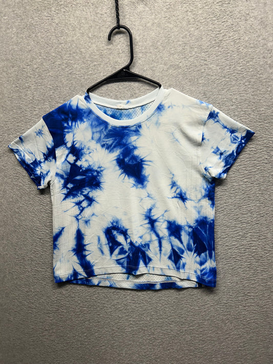 Lululemon Train to Be Short Sleeve Shirt Size 8 Marble Dye Blue White