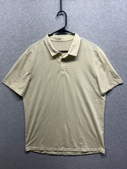Lululemon Evolution Short Sleeve Polo Shirt Size XL Synchronise Stripe Raw Linen White Opal